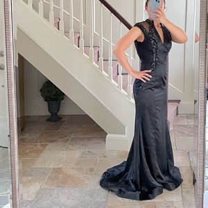 MacDuggal Black Formal Beaded Long Gown w/train. Size 4. Open back
